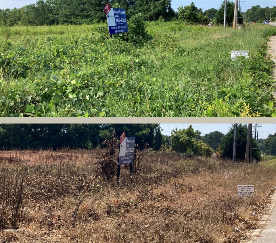Before-and-after weed control on a commercial property by VegClear.