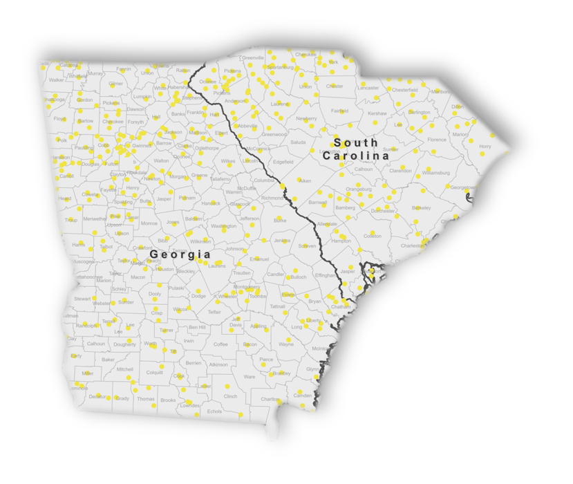 Map showing VegClear industrial vegetation management service coverage across Georgia and South Carolina for utilities, airports, telecom, municipal, and government land sites