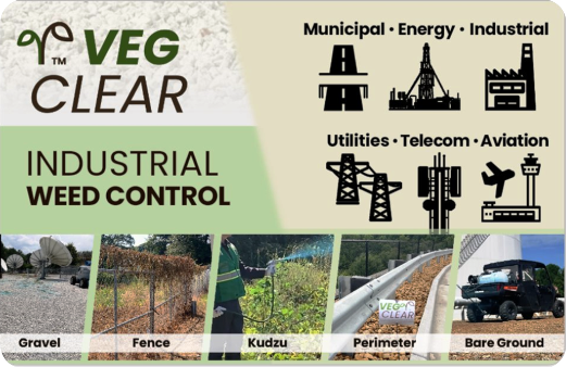 VegClear postcard with logo, contact number 4045006626, and industrial facility background with pipelines and storage tanks. Licensed herbicide applicators providing vegetation management for aviation, utilities, telecom, energy, industrial and municipal properties. Focus on safe access, reliability, and compliance through professional weed control treatments.