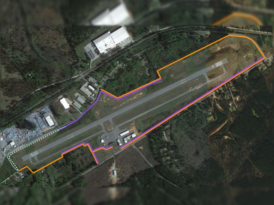 Aerial map outlining airport vegetation management zones and treatment boundaries for coordinated site control.