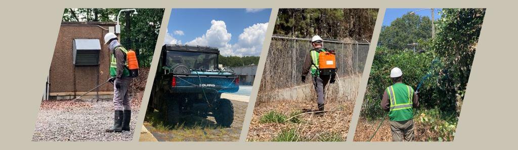 Collage of VegClear crews applying herbicide with backpack sprayers and utility vehicle sprayers, controlling weeds on gravel lots and fence lines, showing professional vegetation management in action