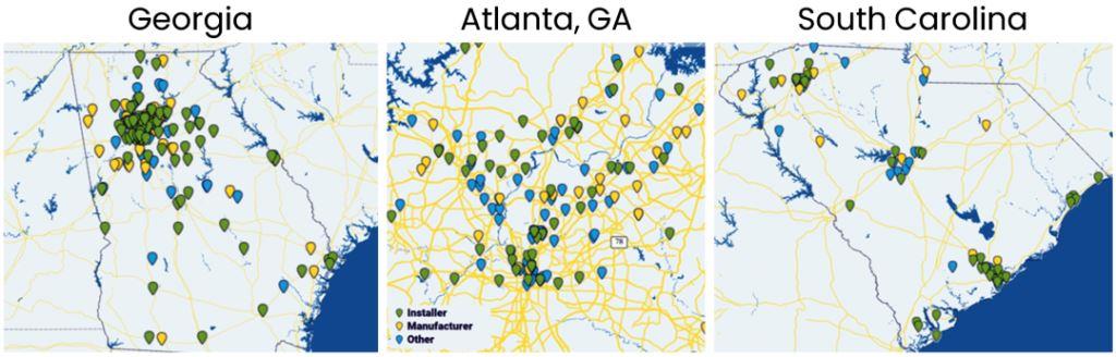 Map of solar locations in Georgia and South Carolina, highlighting areas that require advanced vegetation management to protect solar infrastructure. The map emphasizes key solar farms and renewable energy projects, showcasing the importance of maintaining vegetation to ensure operational efficiency and sustainability.