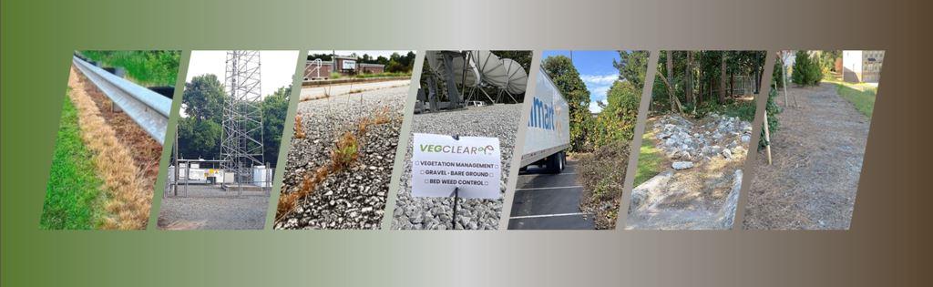 Full-width collage showing VegClear’s industrial vegetation management services, including fence line weed control, cell tower compound spraying, pavement crack treatment, gravel lot bare ground applications, truck court vegetation suppression, drainage area spraying, and self-storage property vegetation control across Georgia, South Carolina, and the Southeast.