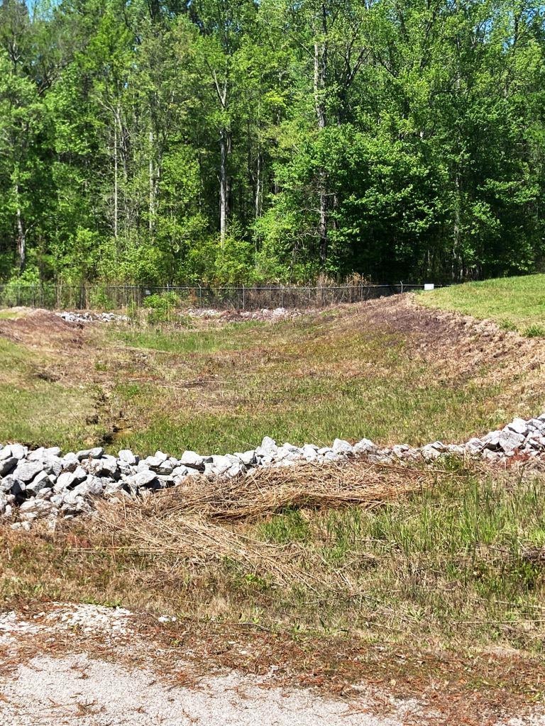 Stormwater drainage ditch with riprap rock and treated brush showing controlled vegetation to maintain flow capacity and prevent overgrowth. Industrial brush control and erosion management in Georgia.