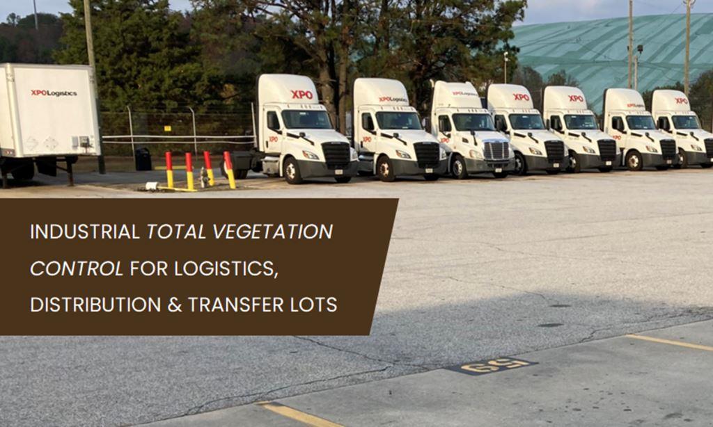 Row of XPO Logistics semi-trucks parked in a large paved distribution lot, representing VegClear’s industrial vegetation control services for logistics yards, transfer lots, and distribution centers across Georgia, South Carolina, and the Southeast.