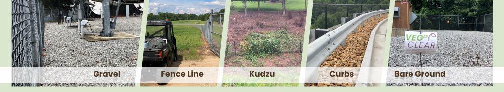 Side-by-side comparison images showing five common industrial and commercial vegetation control areas: gravel surfaces, fence lines, kudzu infestations, curbs, and bare ground. Demonstrates VegClear’s targeted herbicide application and vegetation management services for utility sites, industrial facilities, and commercial properties.