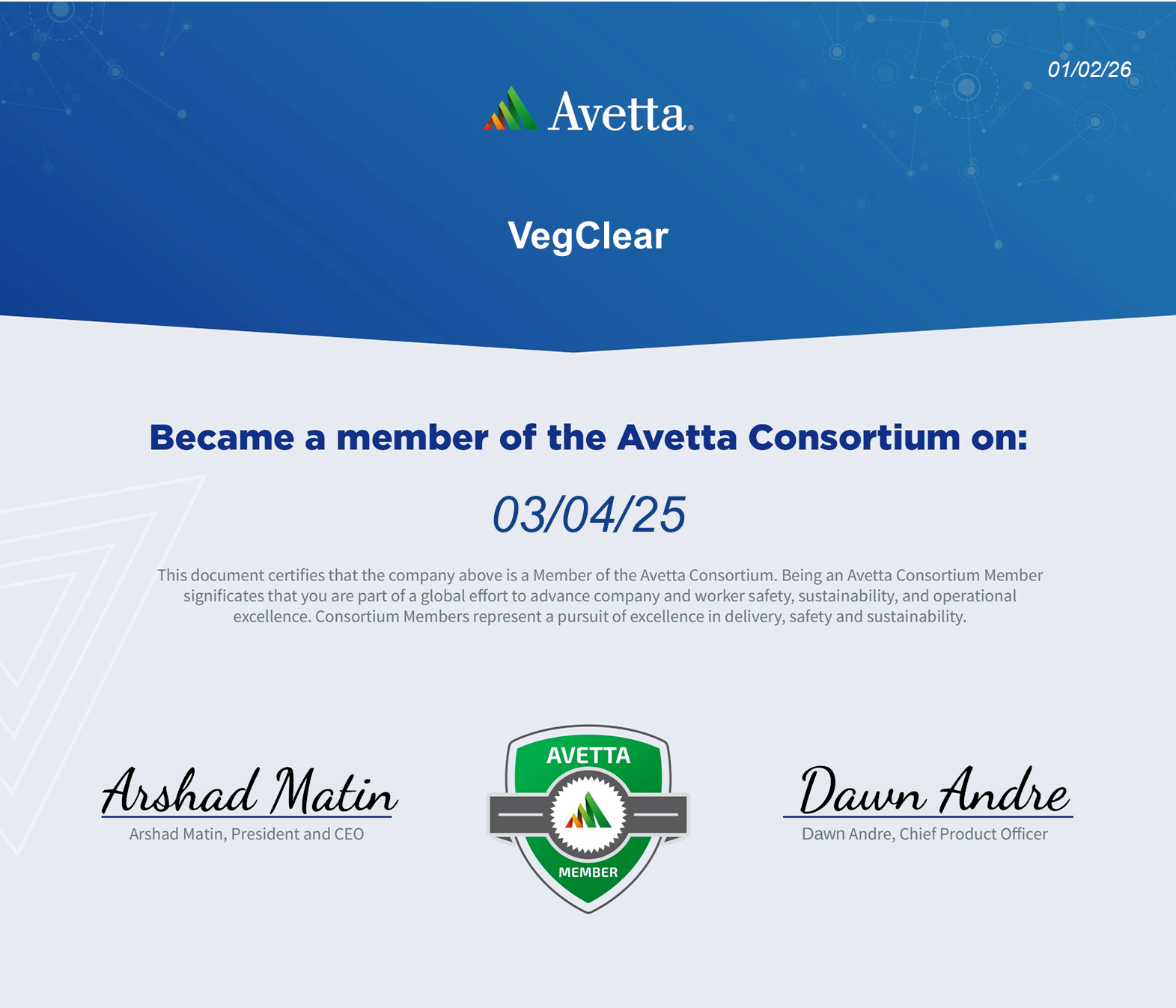 Avetta Consortium membership certification for VegClear representing contractor compliance, EHS documentation, industrial safety standards, and approved vendor readiness for regulated industrial facilities.