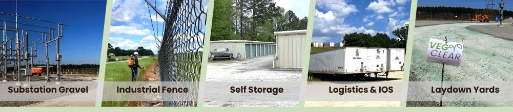 Image montage showing VegClear work environments including substation gravel yards, industrial fence lines, self storage facilities, logistics and IOS sites, and laydown yards, highlighting the range of regulated industrial properties where licensed applicators operate under strict safety and compliance standards.