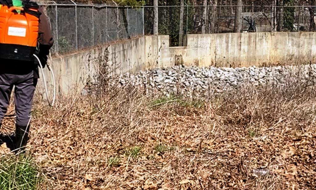 Worker wearing a backpack sprayer applies herbicide to overgrown vegetation and brush along a concrete retaining wall and security fence, demonstrating targeted vegetation management to control weeds and maintain clear, safe industrial areas.