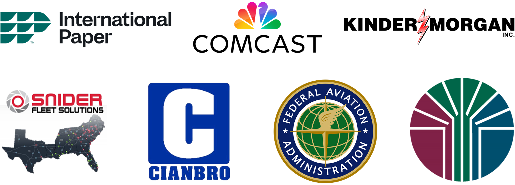 Logo wall featuring industrial, infrastructure, transportation, aviation, utility, and commercial organizations associated with VegClear vegetation management and industrial weed control work across the Southeast. Clients represented include Kinder Morgan, International Paper, Comcast, FAA, Snider Fleet Solutions, Cianbro, and Georgia Transmission Corp and its affiliates.