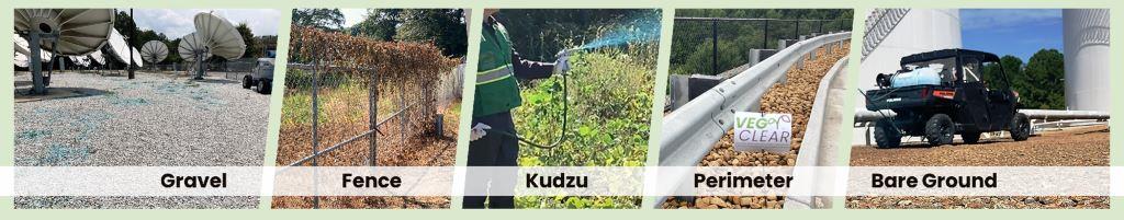 Examples of commercial weed control services including gravel lots, fence lines, kudzu control, perimeter spraying, and bare ground treatment. Professional herbicide applications keep industrial and business properties clear, accessible, and lower cost to maintain.
