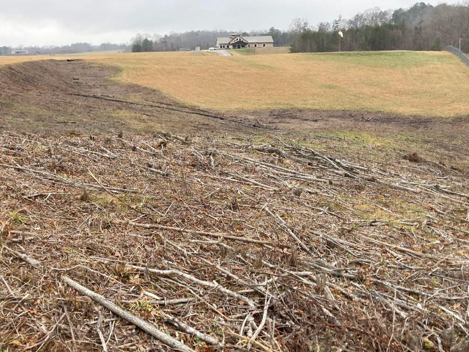 Cleared airport slope following woody vegetation control, supporting long term airfield safety and visibility.