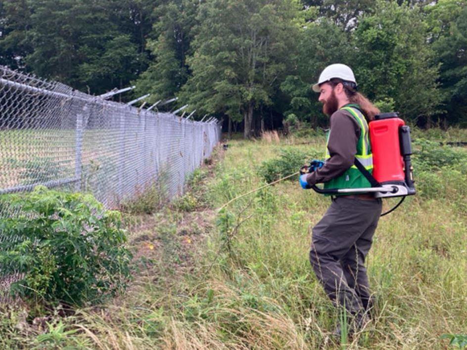 VegClear applicator performing backpack herbicide treatment along airport fence line to control encroaching vegetation.