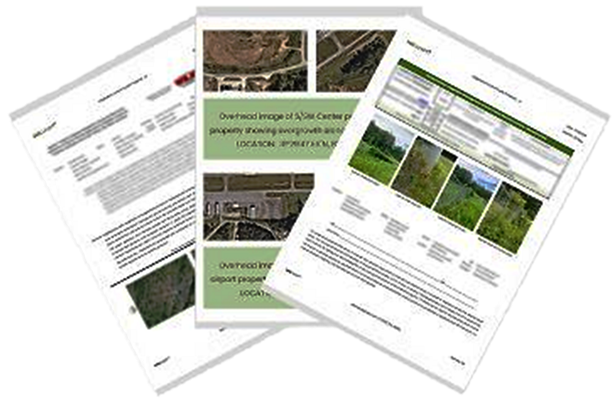 Stack of commercial vegetation management case studies and site reports showing weed control proposals, treatment photos, aerial imagery, and herbicide service documentation for industrial properties