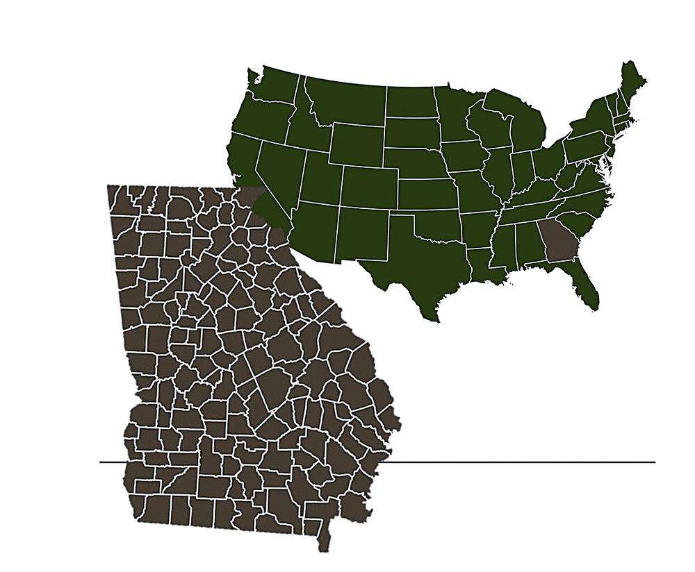 State of Georgia overlayed on USA Map color coded identifying the geographic areas VegClear specializes in