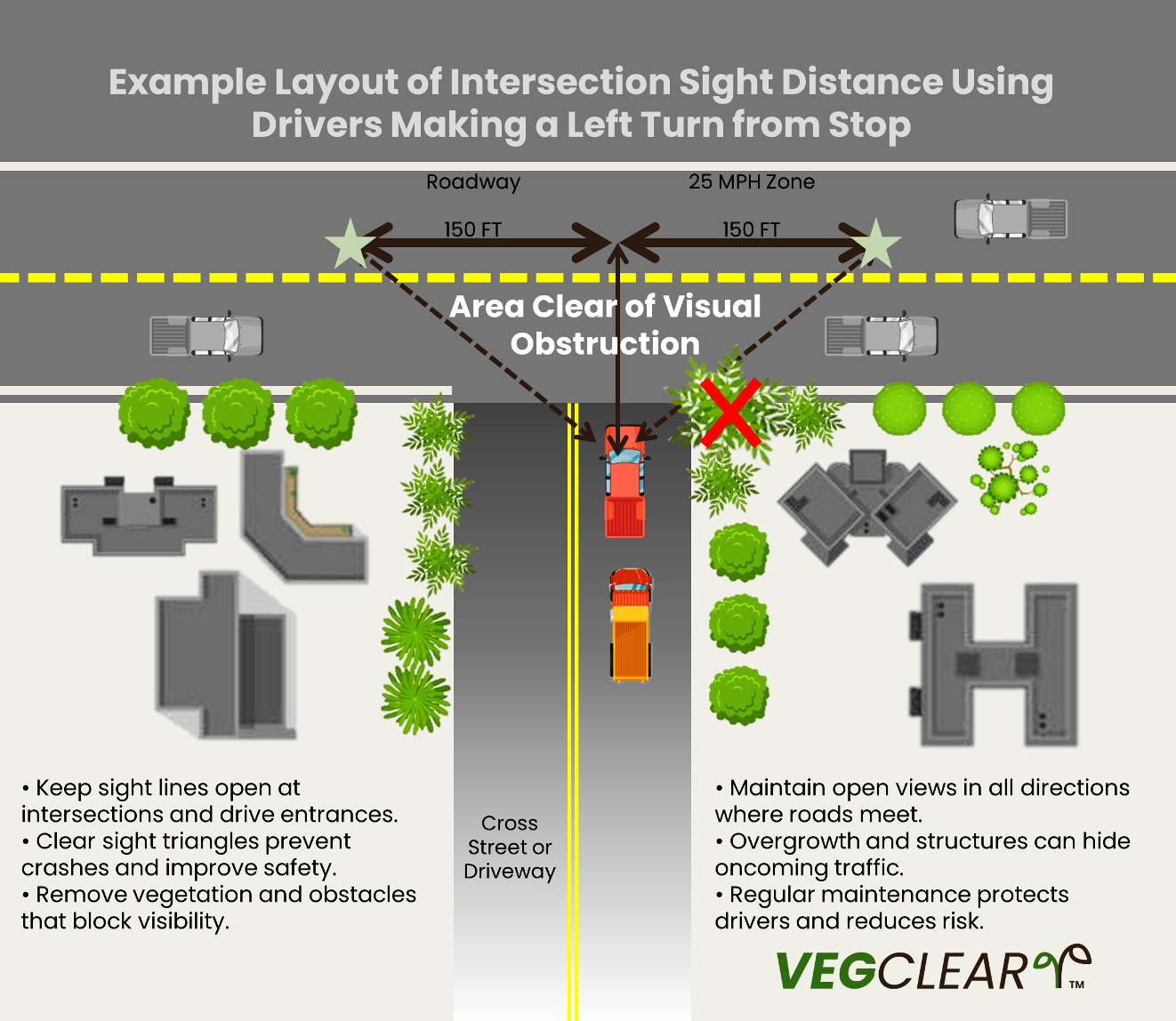 Infographic showing an intersection sight distance layout with a sight triangle kept clear for visibility. Highlights vegetation blocking the view, required open area for safe turns, and bullet points urging removal of overgrowth to reduce crash risk.