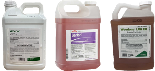 Arsenal, Garlon 3A, and Weedone LV6 EC herbicide containers used for industrial brush control and woody vegetation management. Professional selective treatments for rail, utility, roadside, fence line, and ROW sites.