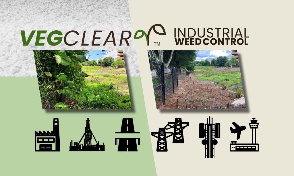 Before and after comparison showing industrial weed control along a fence line, demonstrating effective herbicide based vegetation management for industrial, utility, and infrastructure sites.