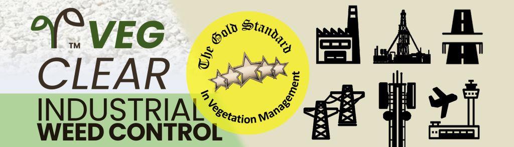 VegClear Industrial Weed Control banner featuring the VegClear logo, Gold Standard seal, and icons representing utilities, airports, substations, oil and gas, manufacturing, and transportation infrastructure. Highlights licensed industrial vegetation management services across Georgia, South Carolina, and the Southeast.