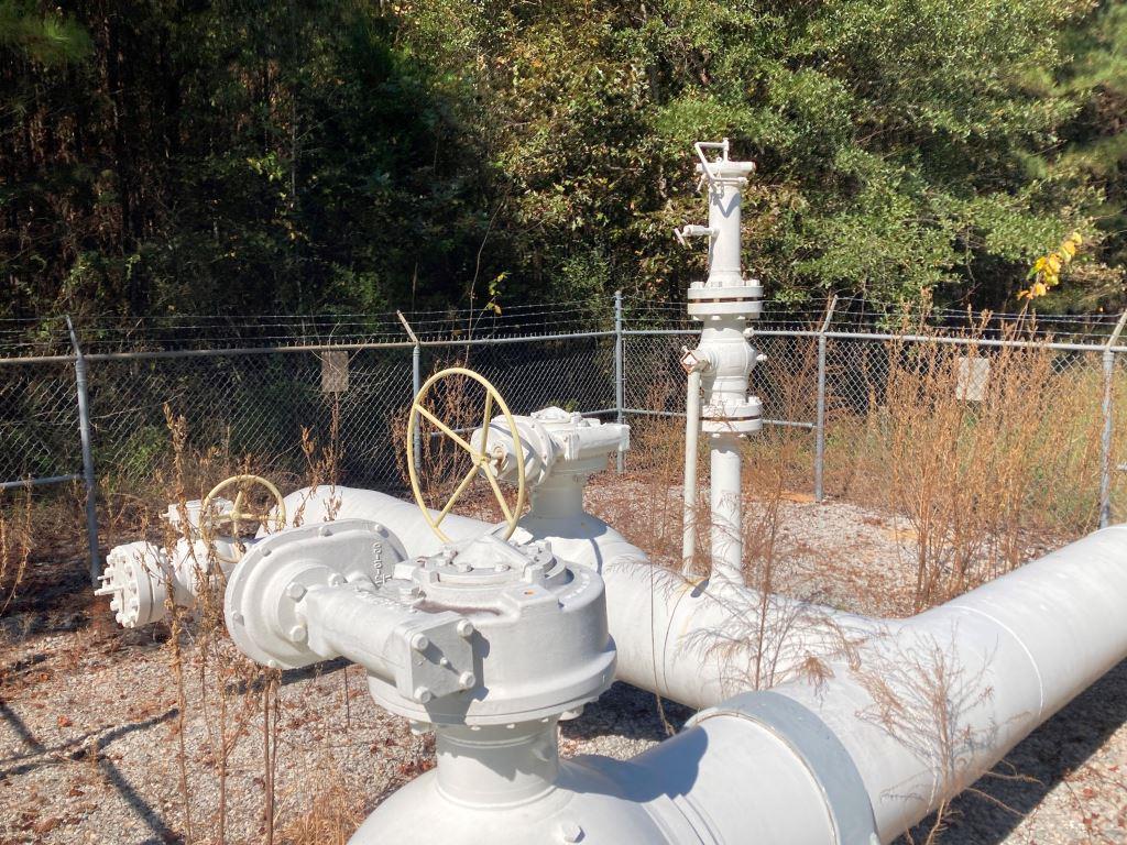 Utility valve yard with exposed piping and perimeter fencing, showing treated vegetation encroachment typical of municipal infrastructure sites.