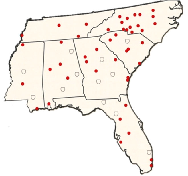 Map of the Southeastern United States showing truck court coverage for Ellenwood, Georgia. Red dots indicate service locations across Georgia, Florida, South Carolina, North Carolina, Tennessee, Alabama, Mississippi, and Louisiana. The coverage map highlights VegClear’s operational footprint, demonstrating accessibility to key logistics hubs, industrial properties, and transportation corridors throughout the Southeast. Ellenwood is positioned as a central access point to serve trucking facilities, distribution centers, and industrial real estate, underscoring regional reach and reliability in commercial vegetation management, herbicide spraying, and industrial site support services.