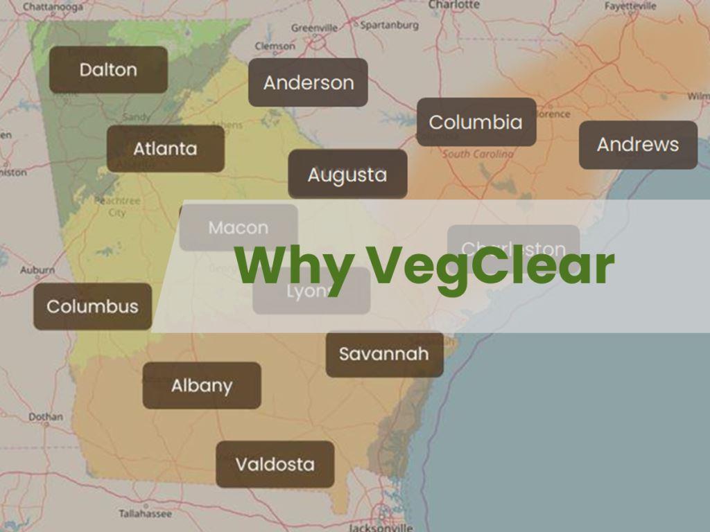 Service area map of Georgia and South Carolina showing VegClear coverage for vegetation management, commercial weed control, industrial facilities, rail yards, airports, and utility properties.