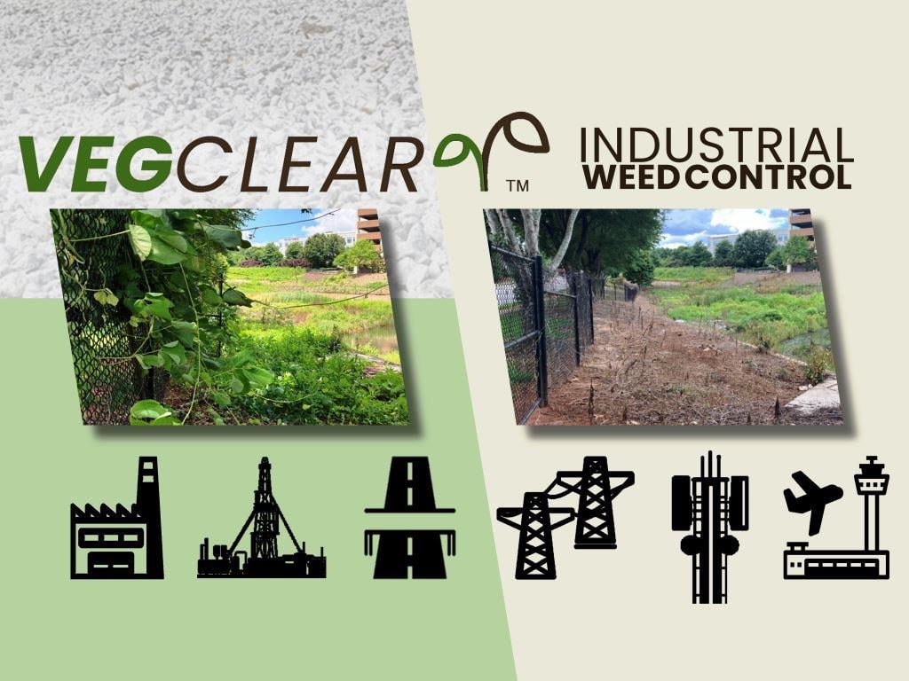 VegClear Industrial Weed Control graphic showing before and after fence line treatment alongside icons for utilities, energy, telecom, airports, and industrial sites, representing vegetation management across substations, rights of way, infrastructure corridors, and secured facilities.