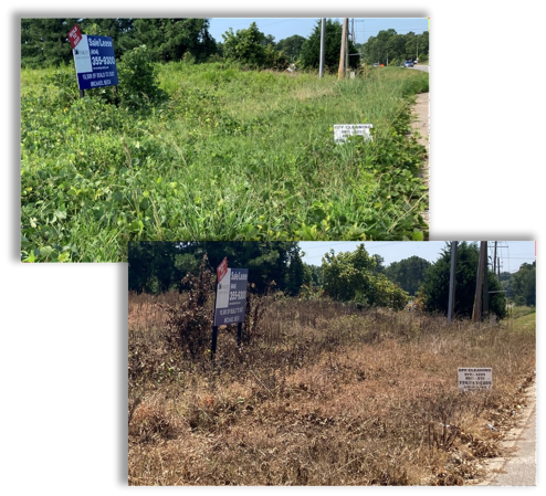 Before and after roadside vegetation control on a commercial parcel, showing unmanaged growth reduced to bare ground as part of a VegClear industrial weed control case study.