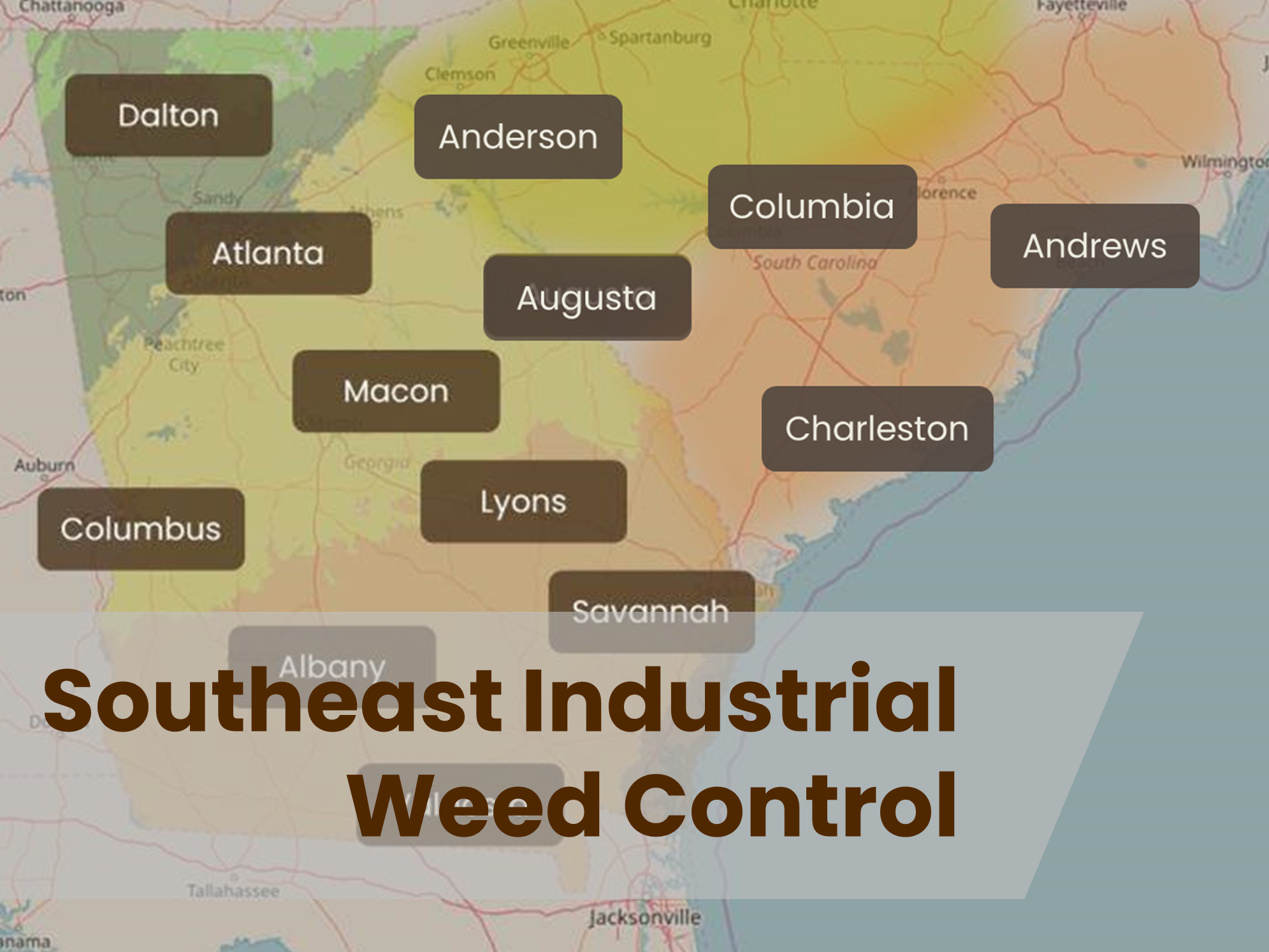 Regional map highlighting VegClear’s industrial weed control service coverage across Georgia and South Carolina, including Atlanta, Macon, Augusta, Columbia, Charleston, Savannah, Anderson, and Andrews. Represents non selective herbicide programs for industrial sites, utilities, airports, substations, rail, gravel yards, fence lines, and secured infrastructure throughout the Southeast.