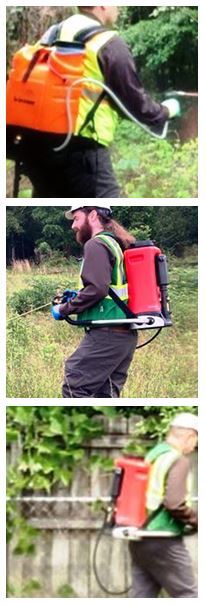 VegClear Technicians using backpack sprayers for vegetation management, demonstrating equipment components: high-capacity tank, diaphragm pump, and adjustable nozzles in action