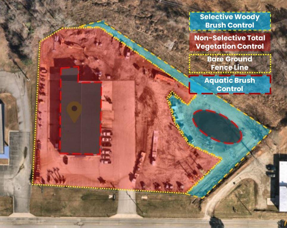 Site map showing commercial weed control zones including selective brush control, non selective total vegetation control, bare ground fence lines, and aquatic treatment areas. This planning approach supports safe, efficient, and compliant spraying on business properties.