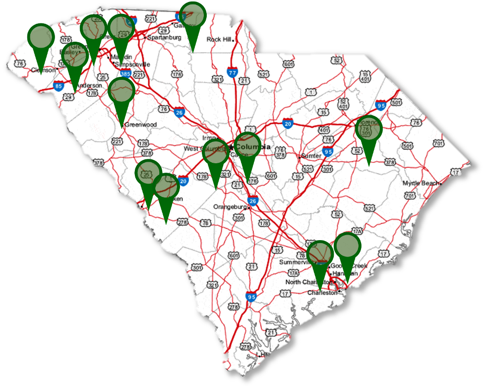South Carolina service coverage map highlighting Upstate markets and major industrial corridors, including Greenville, Spartanburg, Anderson, Greenwood, Columbia, and Charleston, showing VegClear reach across utilities, industrial, and municipal sites.
