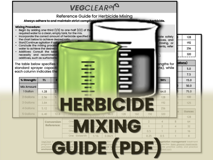 VegClear herbicide mixing reference guide image showing measurement charts for industrial and municipal weed control programs in Georgia