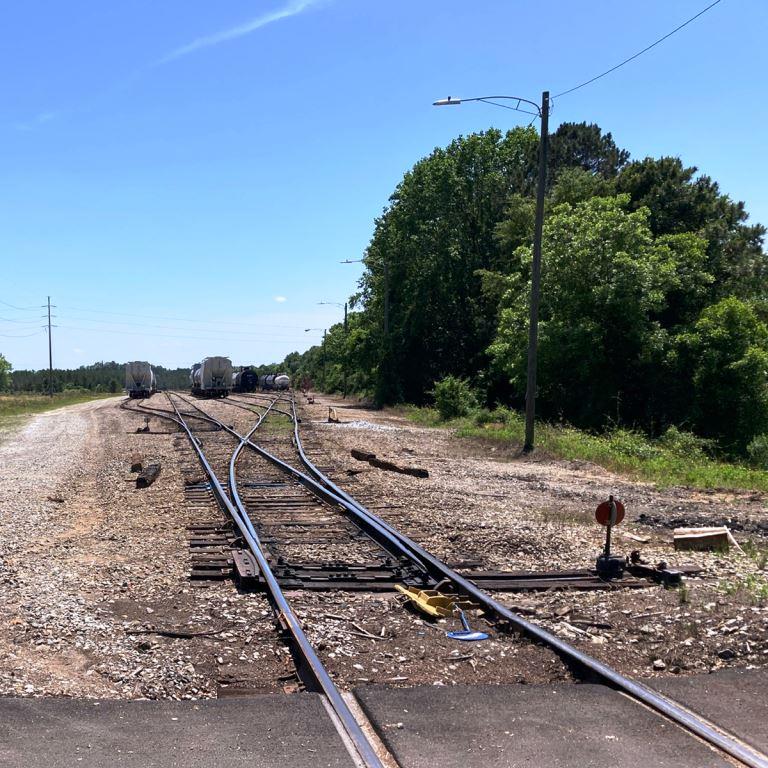 Curved short line railroad in Georgia, with dense green trees and visible dead weeds along the tracks from recent herbicide spraying. Railroad vegetation management controls overgrowth, maintains clear sightlines, and ensures safe operations for railroads and rail spurs.