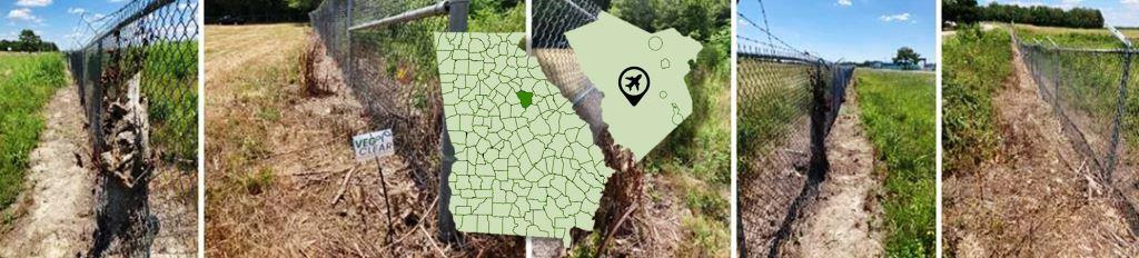 Fence line vegetation control along an airport perimeter in Georgia, showing cleared ground for security, inspections, and long term industrial weed management.