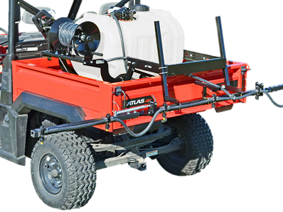 professional side by side UTV sprayer with 60 gallon capacity used by industrial weed control pros applying precise herbicide treatments to runways