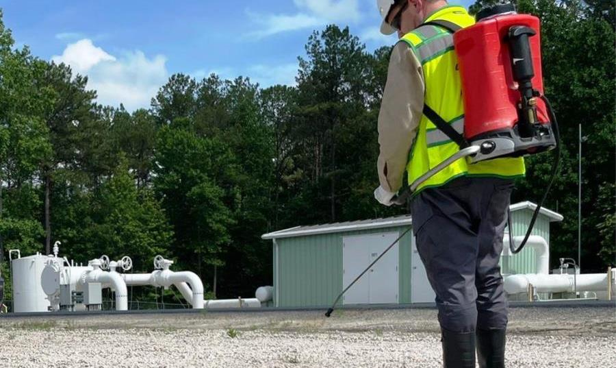 VegClear Industrial Weed Control treatment for utilities, energy, telecom, airports, and industrial sites, representing vegetation management across substations, rights of way, infrastructure corridors, and secured facilities.