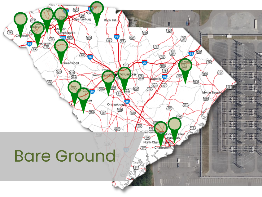 Map of South Carolina showing VegClear service coverage with markers at substations, utilities, and industrial sites. Represents bare ground herbicide programs for gravel yards, switchyards, fence lines, and secured infrastructure across the state.