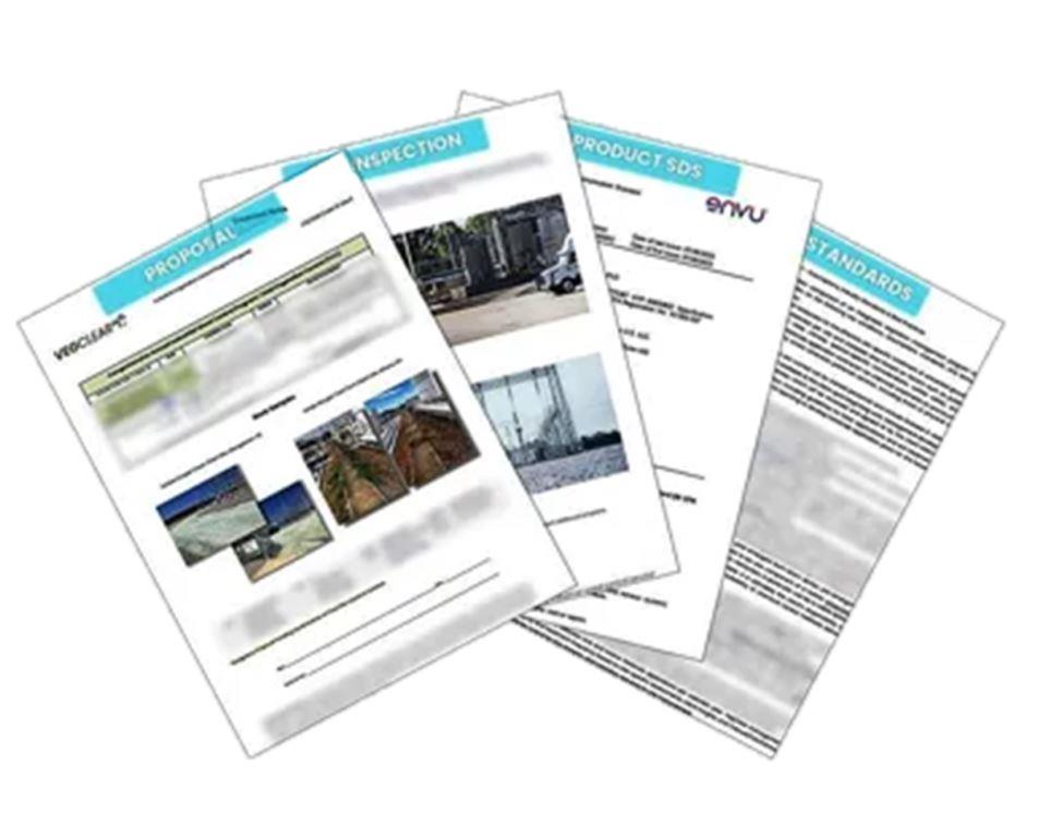Utility and power generation vegetation management compliance documents showing site inspections, SDS, and work standards.