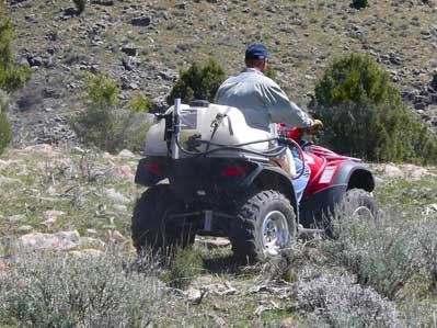 ATV with mounted herbicide sprayer treating brush and invasive weeds on rocky terrain, showing efficient vegetation management in hard-to-reach areas