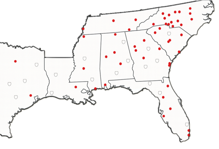 Map showing Snider Fleet Solutions service locations across the Southeastern United States, including Georgia, South Carolina, North Carolina, Florida, Alabama, Mississippi, Louisiana, and Tennessee. Red dots indicate fleet maintenance, storage, and support hubs connected to the company’s regional network, highlighting the scale of Snider’s operations in the Southeast.